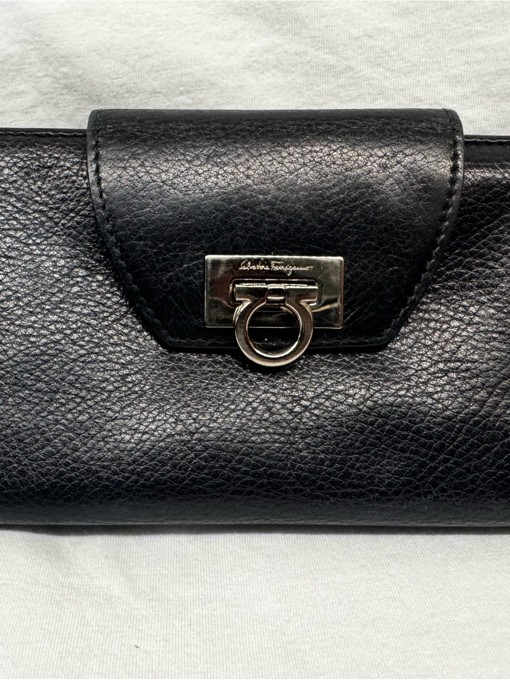 Salvatore Ferragamo Black Leather Wallet with Silver Gancini Hardware